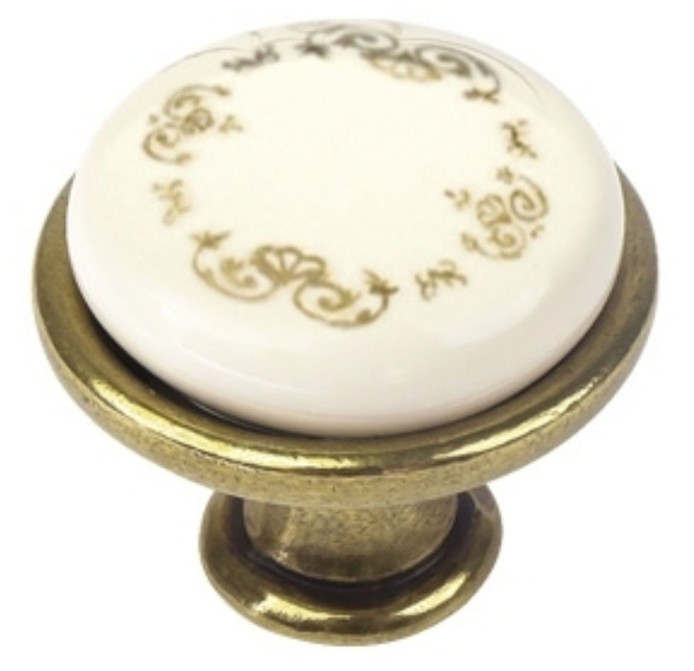[C20] 29mm Beige Porcelain Knob with Gold Flower Crown - Leather